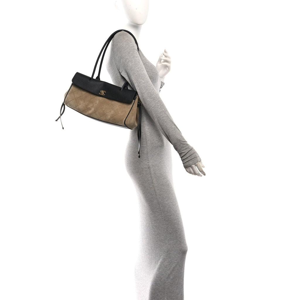Grained Calfskin Suede Urban Essentials Small Shopping Bag Dark Beige Black