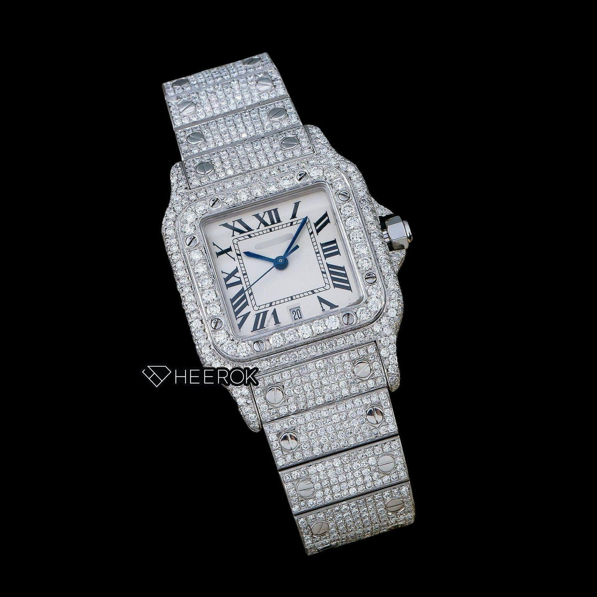 Cartier Santos White Dial Roman Numerals Diamond Bezel Bust Down Moissanite Diamond Watch For Women