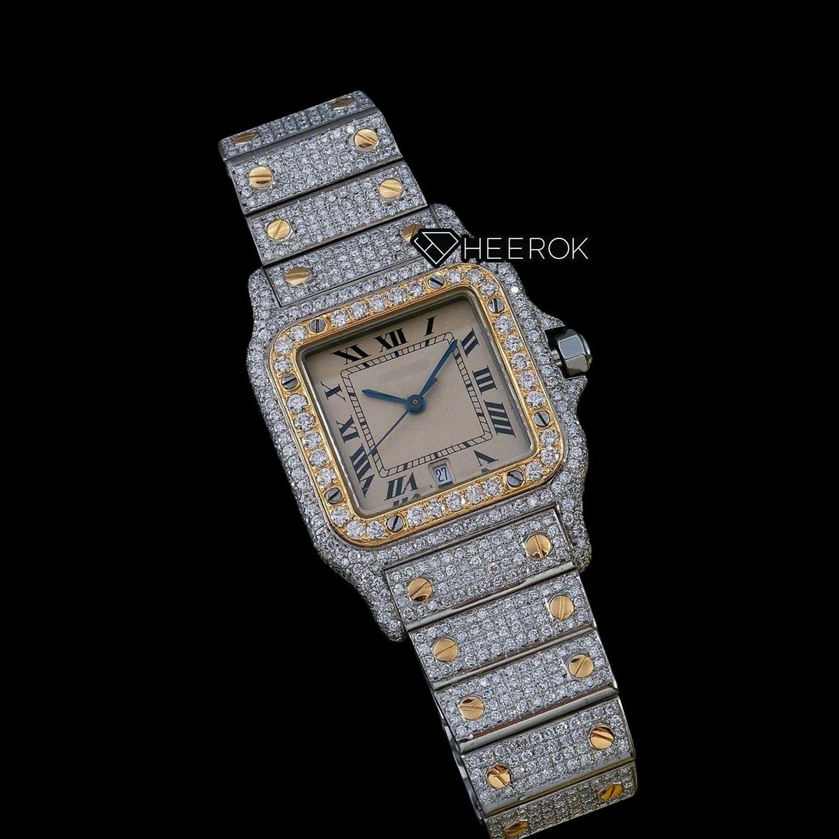 Cartier Santos Yellow Dial Roman Numerals Diamond Bezel Fully Iced Two Tone Moissanite Diamond Watch For Women