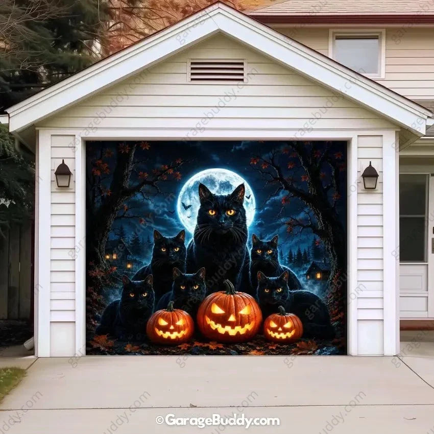 Witching Whiskers | Black Cat Halloween Garage Door Cover