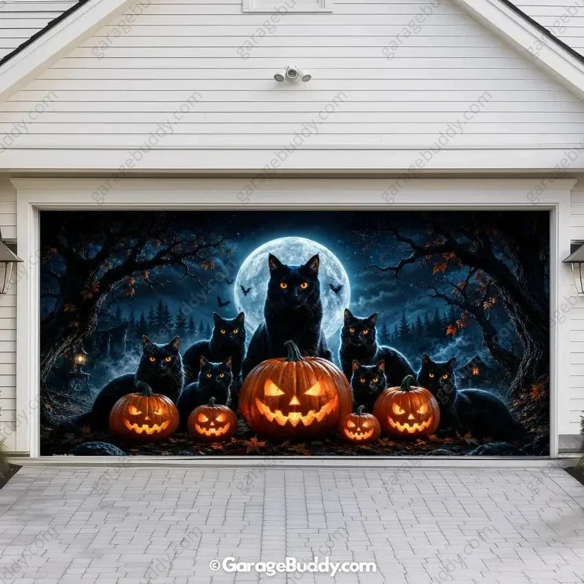 Witching Whiskers | Black Cat Halloween Garage Door Cover