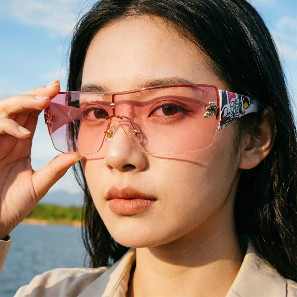 连体女士太阳镜欧美印花宽腿墨镜一体防风镜时尚装扮眼镜Y2K朋克