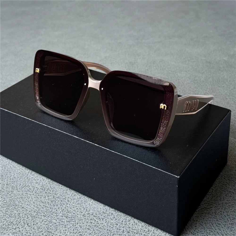 Sparkling pink white women's polarized sunglasses, women's coffee frame sunglasses, high-end and trendy, UV resistant, large frame, slimming effect