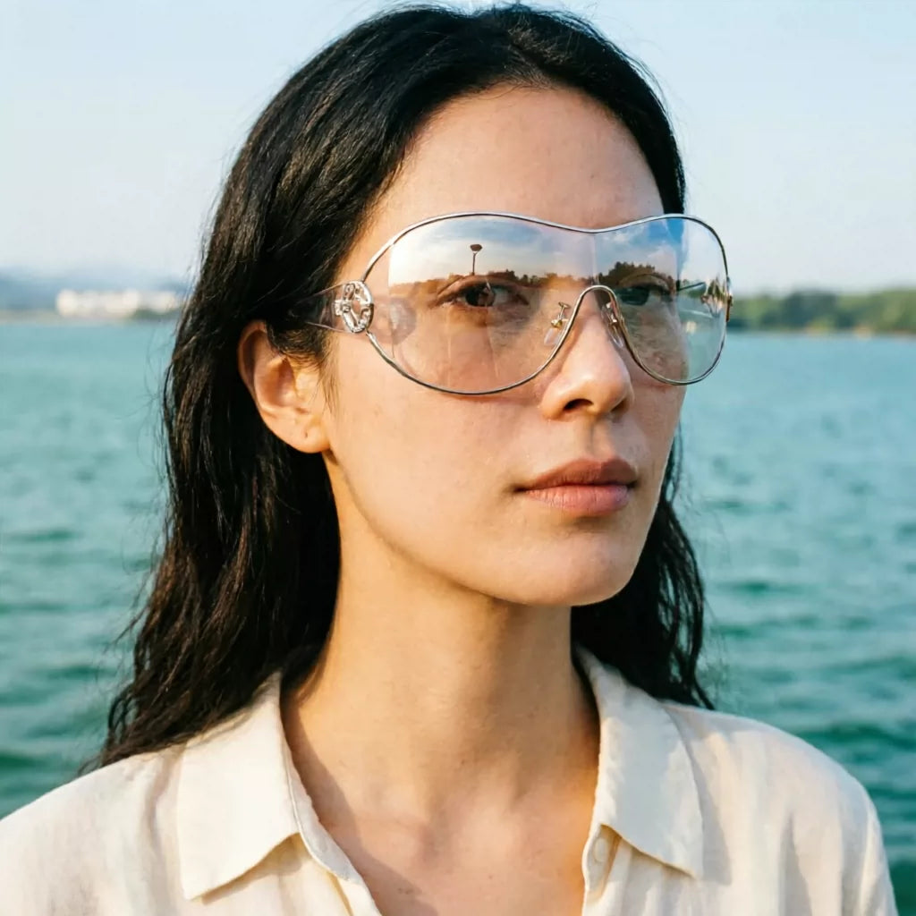 Women's large frame sunglasses, windproof glasses, ultra light and fashionable one-piece slimming sunglasses, large curvature sunglasses, sun protection brown sunglasses