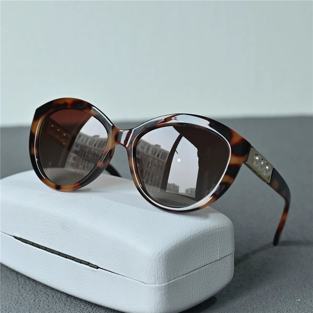 高档外贸女士偏光太阳镜墨镜玳瑁防紫外线女款偏光镜板材珍珠设计