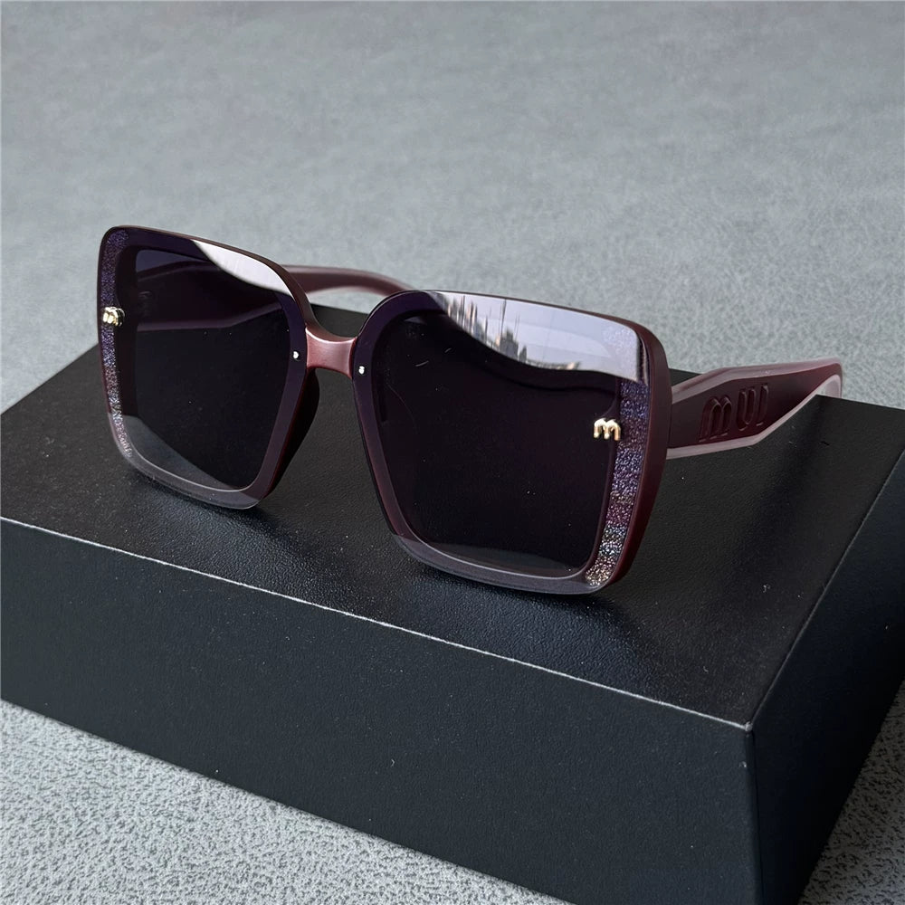 Sparkling pink white women's polarized sunglasses, women's coffee frame sunglasses, high-end and trendy, UV resistant, large frame, slimming effect