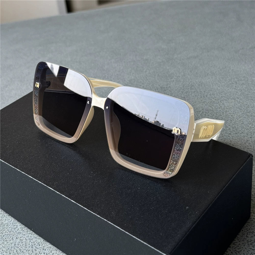 Sparkling pink white women's polarized sunglasses, women's coffee frame sunglasses, high-end and trendy, UV resistant, large frame, slimming effect