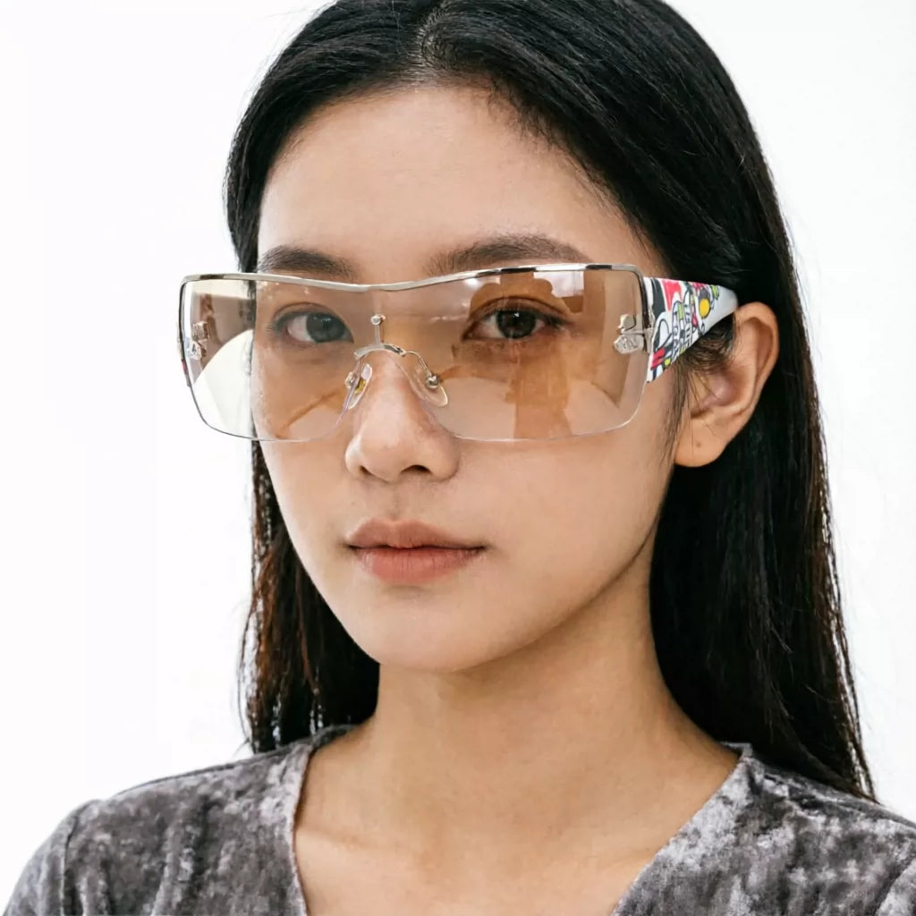 连体女士太阳镜欧美印花宽腿墨镜一体防风镜时尚装扮眼镜Y2K朋克