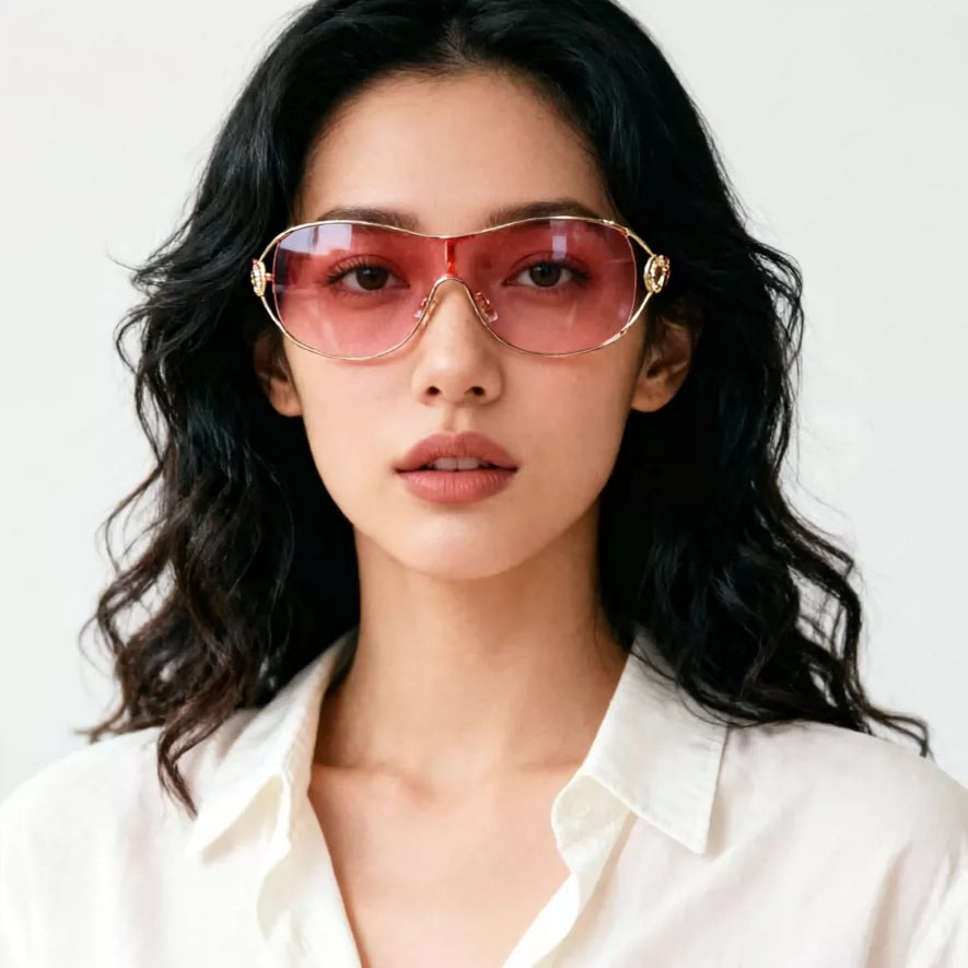Women's large frame sunglasses, windproof glasses, ultra light and fashionable one-piece slimming sunglasses, large curvature sunglasses, sun protection brown sunglasses