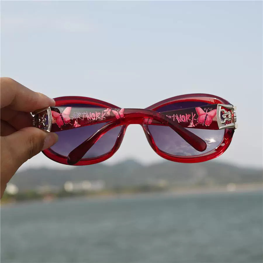 Wine red framed women's polarized sunglasses, oval elegant women's sunglasses, middle-aged women's travel sunscreen street photography glasses