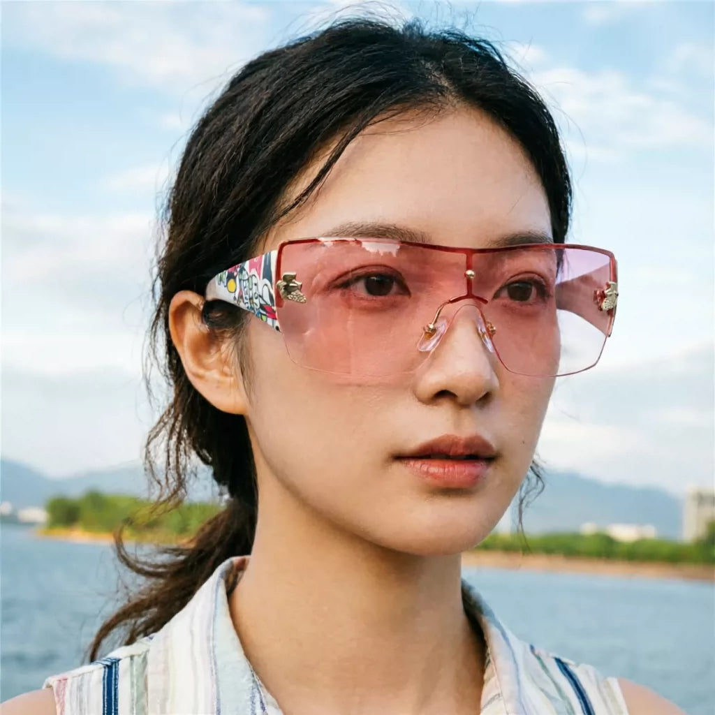 连体女士太阳镜欧美印花宽腿墨镜一体防风镜时尚装扮眼镜Y2K朋克