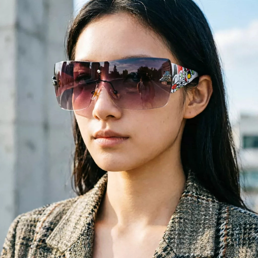 连体女士太阳镜欧美印花宽腿墨镜一体防风镜时尚装扮眼镜Y2K朋克