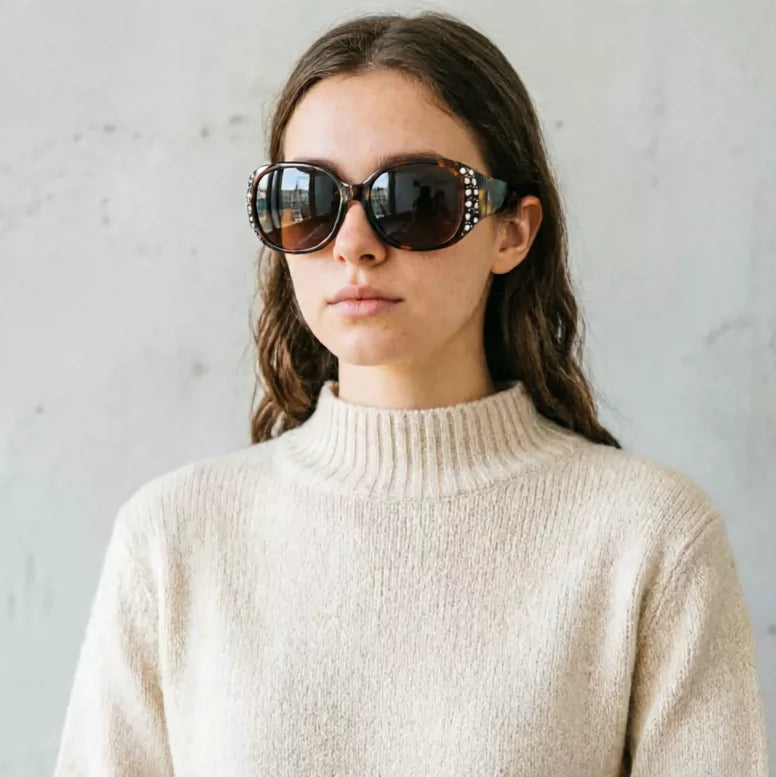 Fashion white sunglasses for women, polarized sunglasses with round diamond inlay, elegant women's sunscreen glasses, small face black