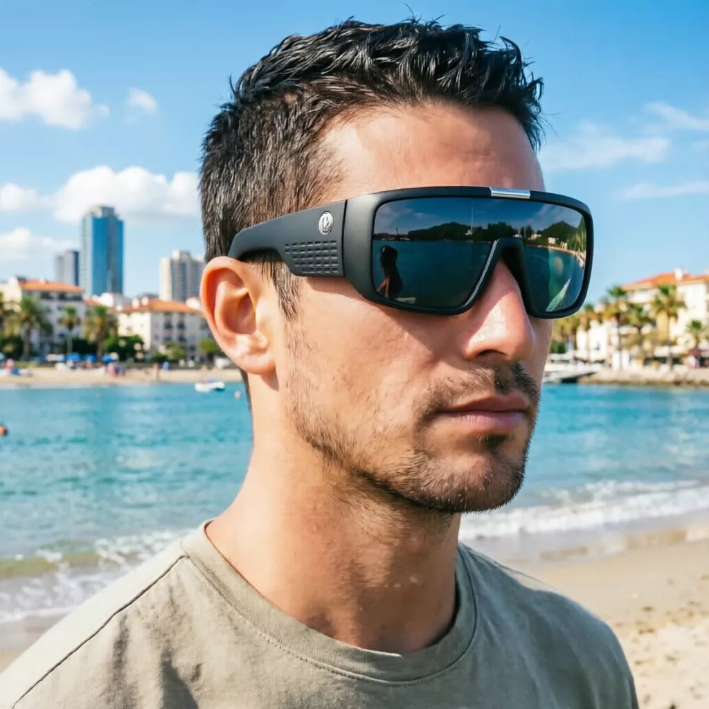 Men's one-piece polarized sunglasses, fashionable sports and leisure windproof glasses, integrated sunglasses, men's sand black glasses, wide legs