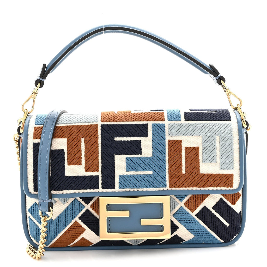 Canvas Vitello King Seta FF Embroidered Mini Baguette Blue Multicolor