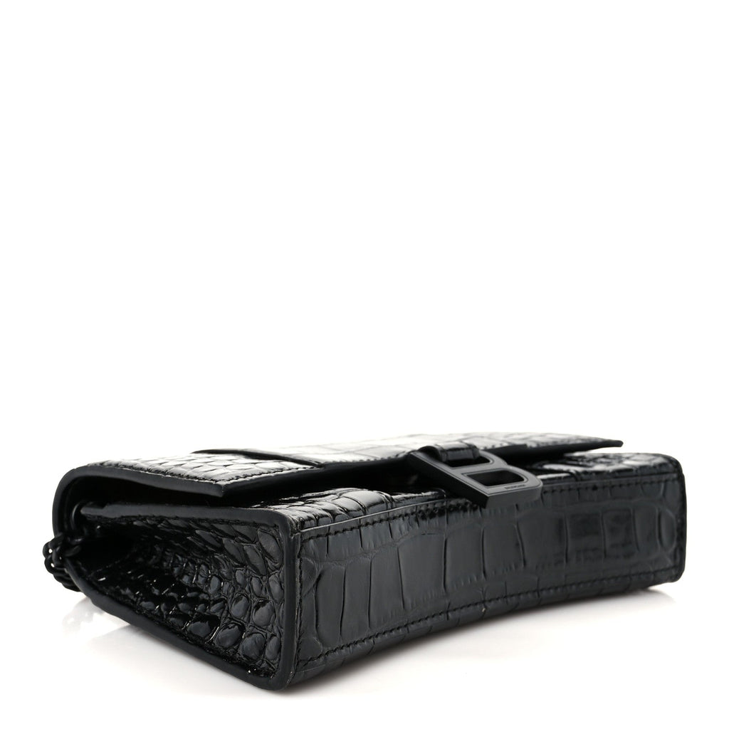 Shiny Calfskin Monochrome Crocodile Embossed Hourglass Chain Bag Black