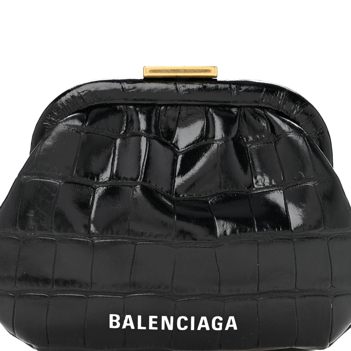 Shiny Supple Calfskin Logo Crocodile Embossed Cloud Coin Purse Black White