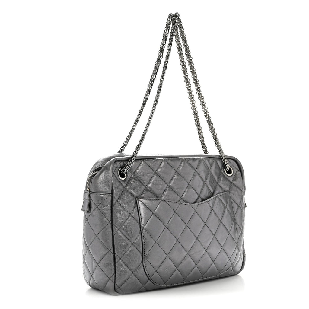 Metallic Aged Calfskin Quilted Large Reissue Camera Case Silver