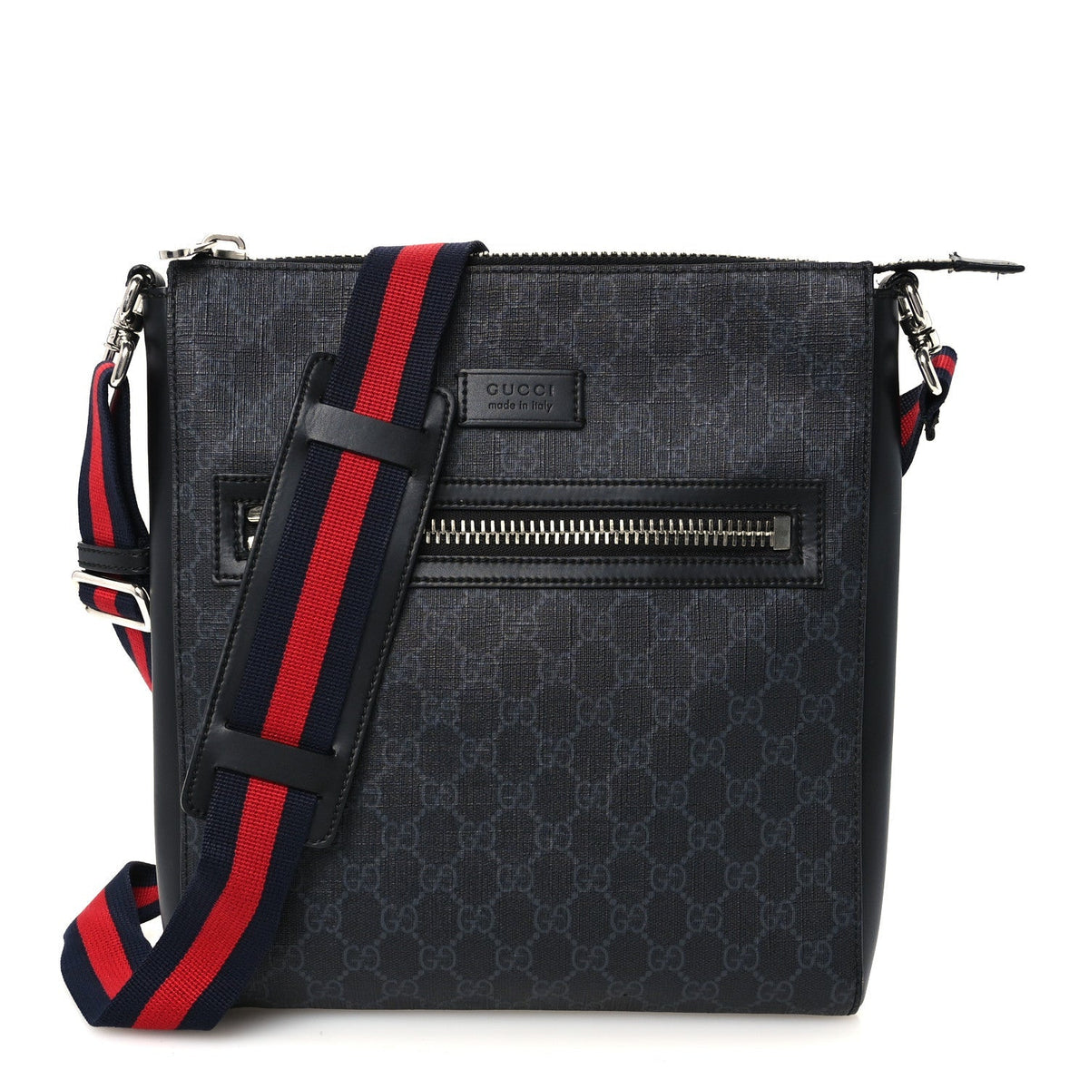 GG Supreme Monogram Appia Calfskin Web Flat Messenger Bag Black Grey
