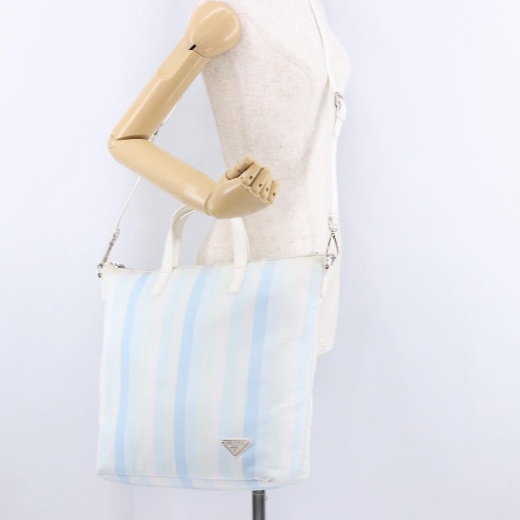 PRADA Tote Bag Canvas 2way Light Blue Silver B2052G Auth am12349A