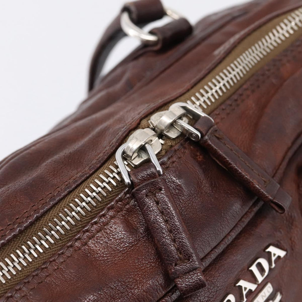 PRADA Hand Bag Leather Brown Silver BR2804 Auth am12375V