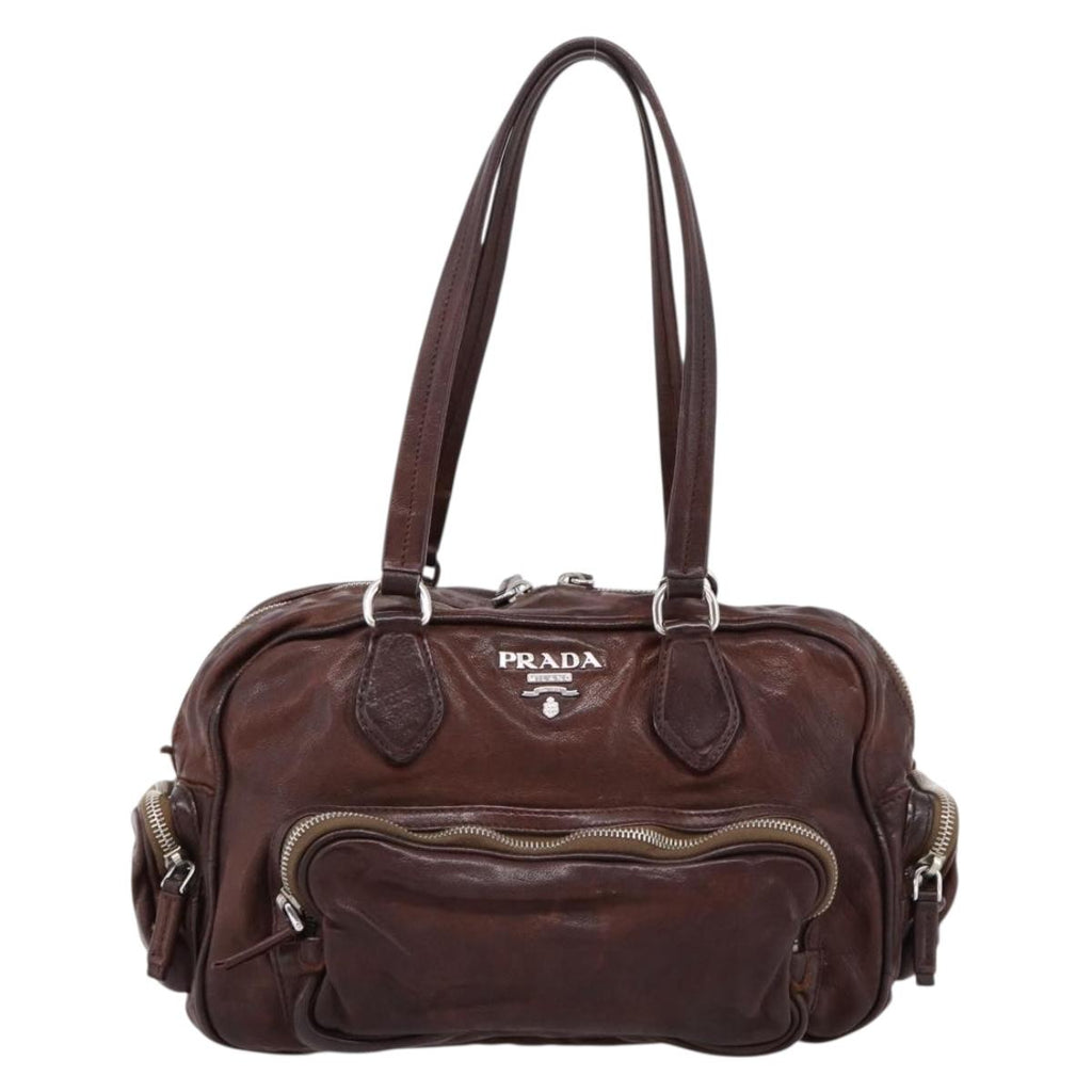 PRADA Hand Bag Leather Brown Silver BR2804 Auth am12375V