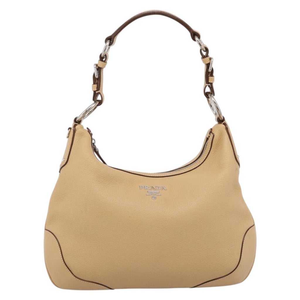 PRADA Shoulder Bag Leather Beige Silver BR3373 Auth am12571V