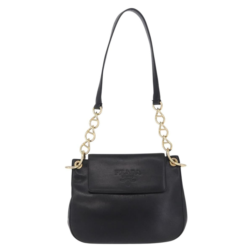 PRADA Chain Shoulder Bag Leather Black Gold Auth am12576V