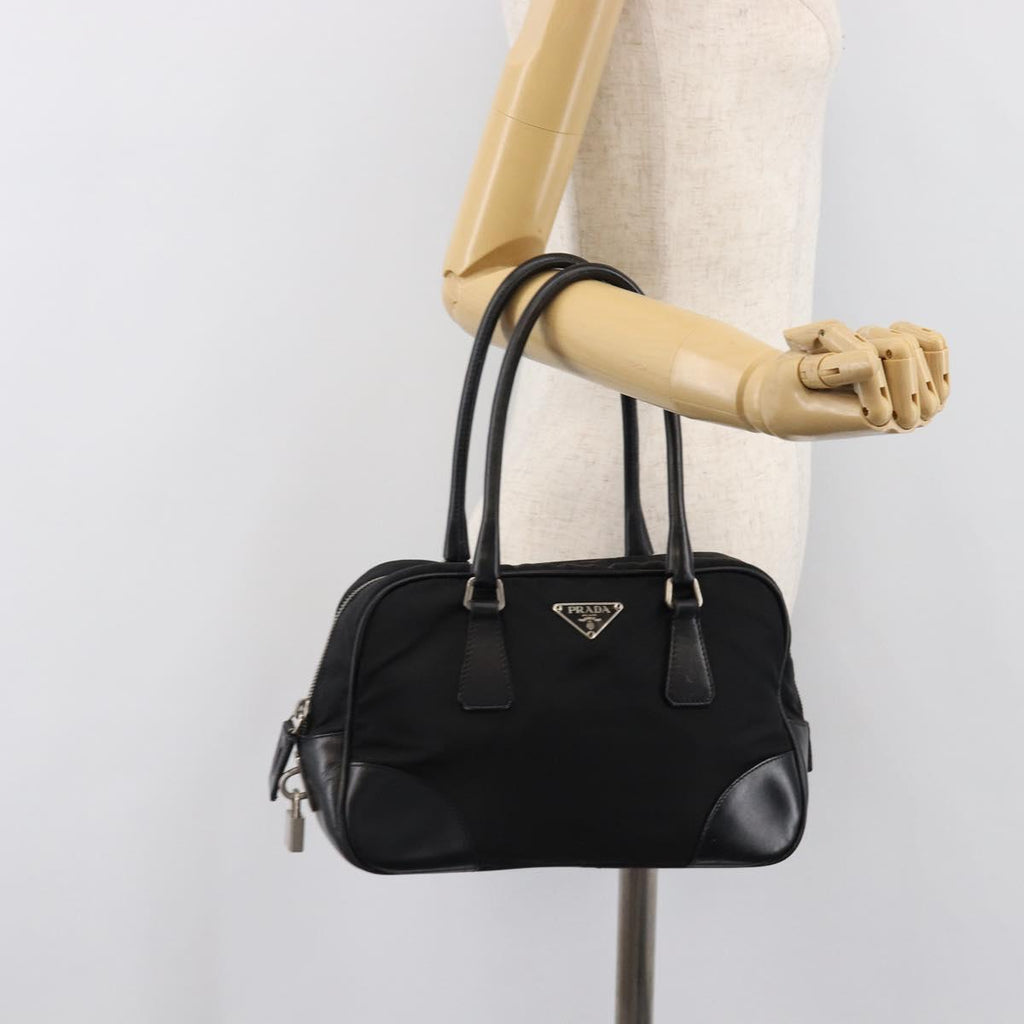PRADA Hand Bag Nylon Leather Black Silver Auth am12578V