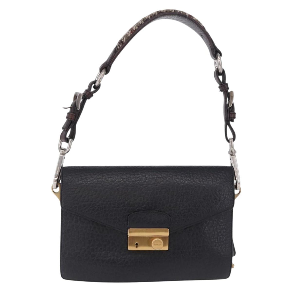 PRADA Ready Lock Shoulder Hand Bag Leather Black Gold Auth am12604V