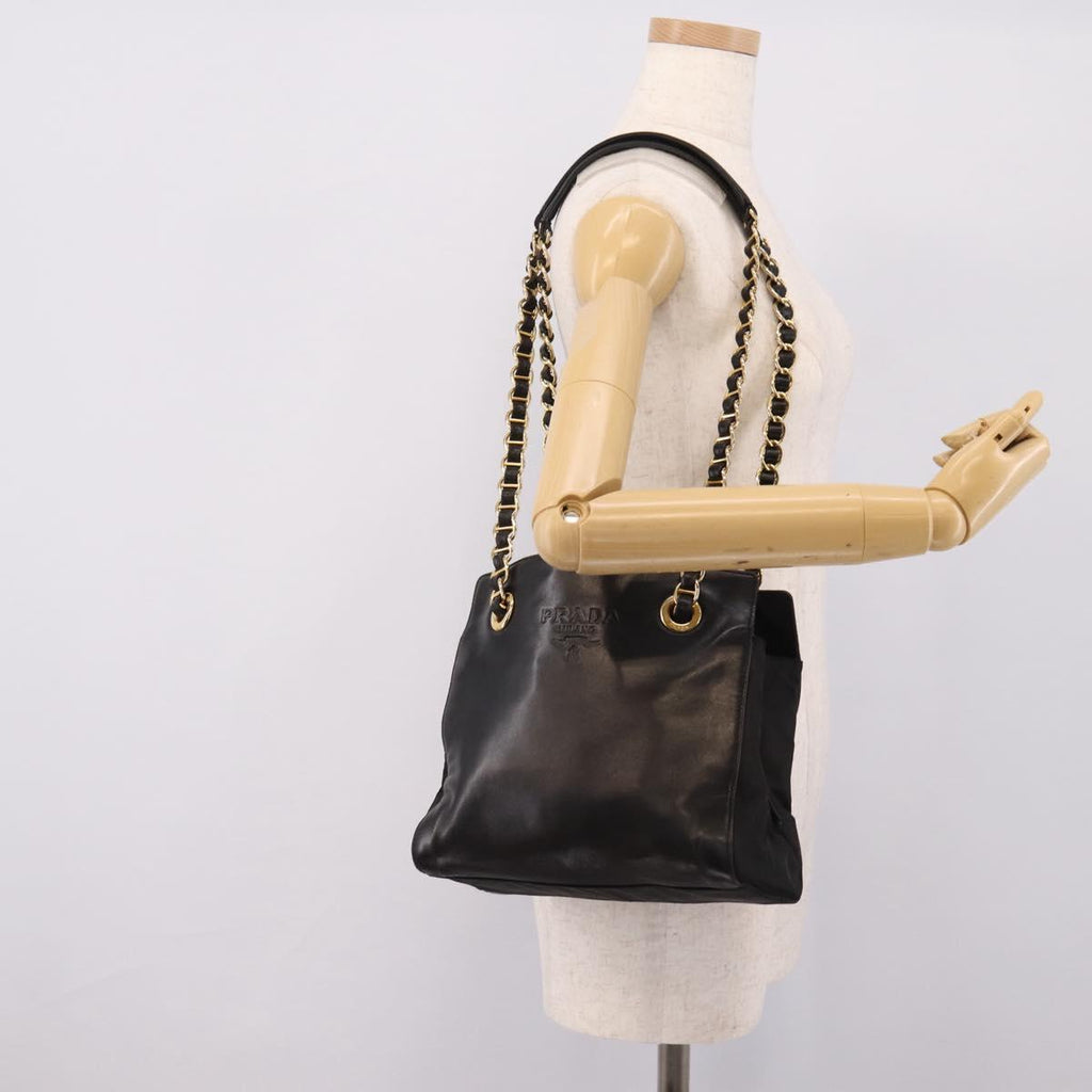 PRADA Chain Tote Bag Leather Nylon Black Gold Auth am12698V