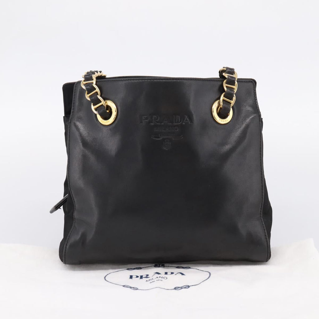 PRADA Chain Tote Bag Leather Nylon Black Gold Auth am12698V