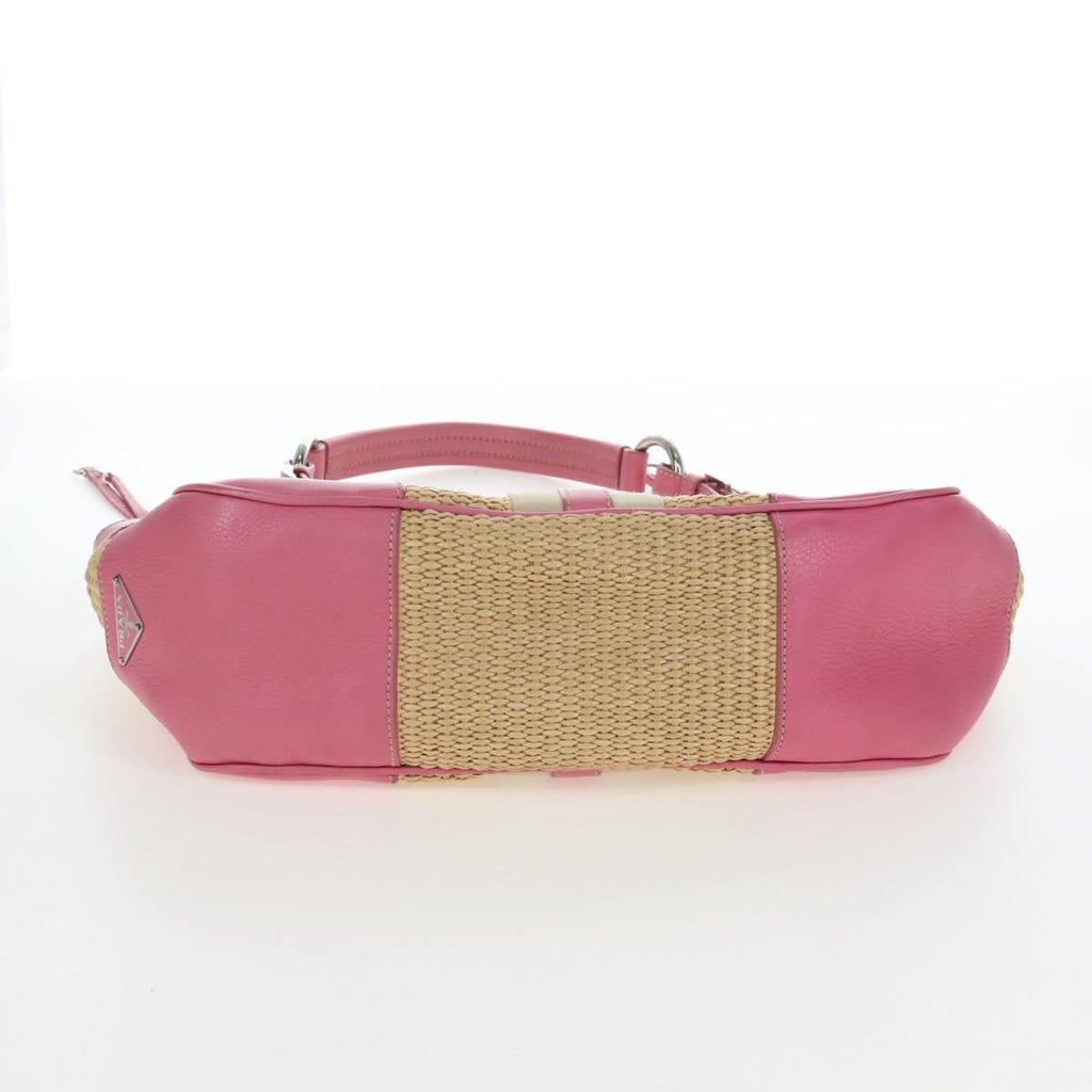 PRADA Shoulder Bag Raffia Beige Pink Silver Auth am12710V