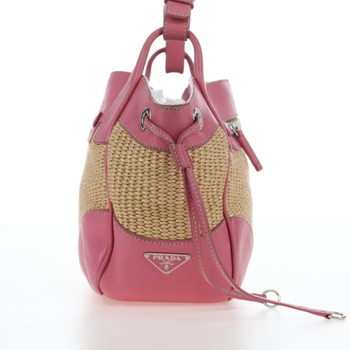 PRADA Shoulder Bag Raffia Beige Pink Silver Auth am12710V