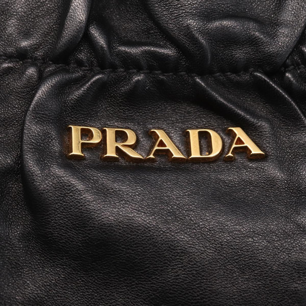 PRADA Side Ribbon Tote Bag Leather Black Gold Auth am12722V