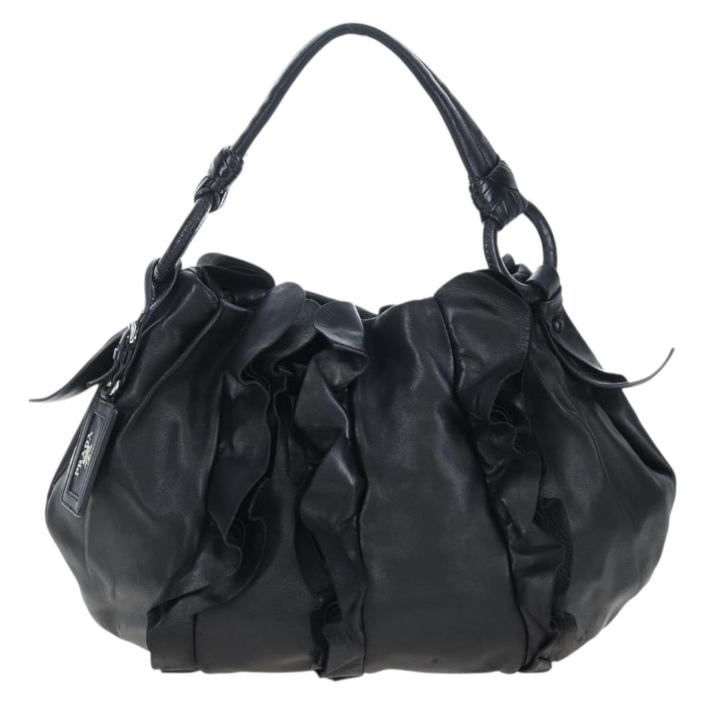 PRADA Frill Shoulder Bag Leather Black Silver Auth am12754V