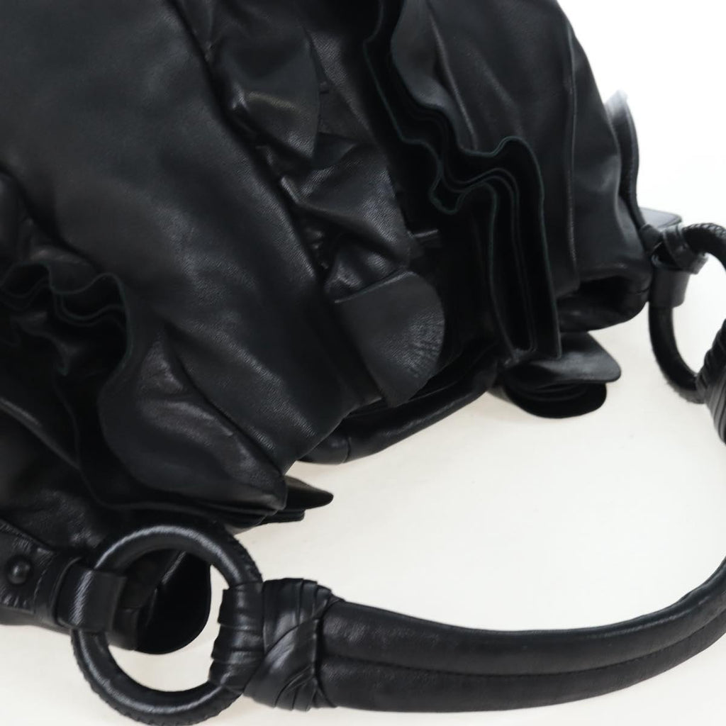 PRADA Frill Shoulder Bag Leather Black Silver Auth am12754V