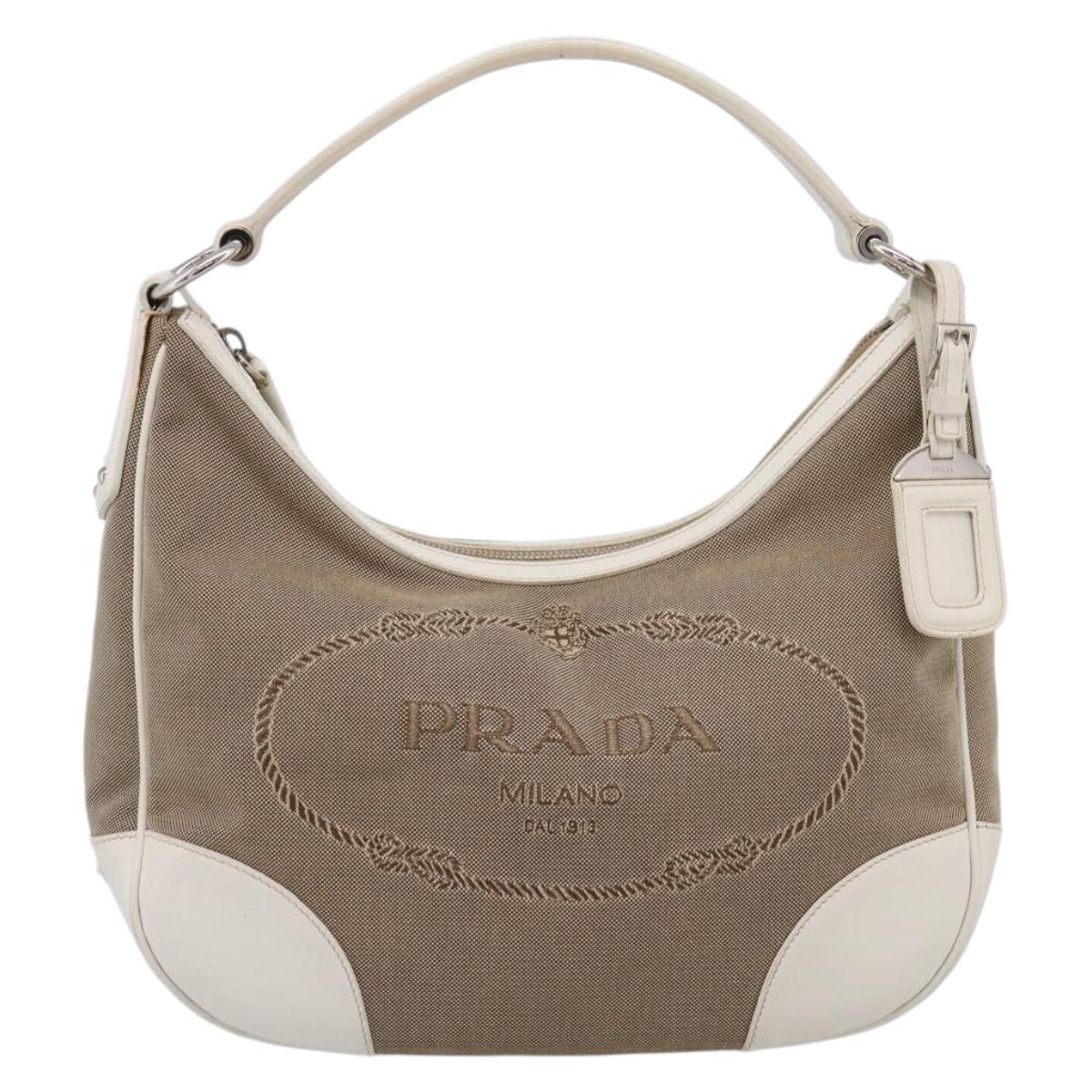 PRADA Jacquard Hand Bag Canvas Beige Silver BR3423 Auth am12817V
