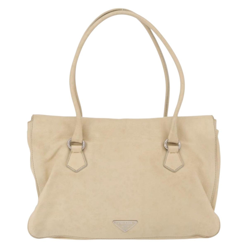 PRADA Tote Bag Leather Ivory Silver Auth am12827A