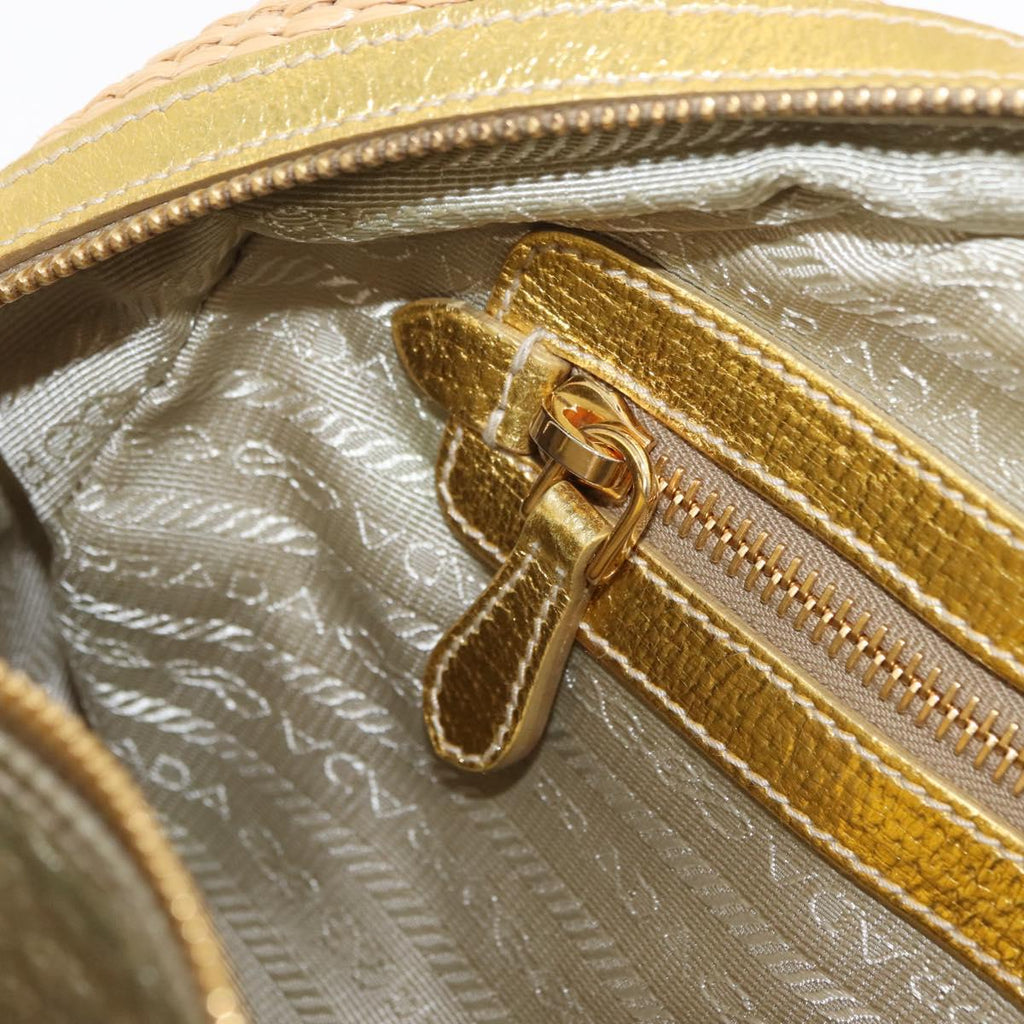 PRADA Chain Hand Bag Raffia Beige Gold Tone BL0352 Auth am12833M