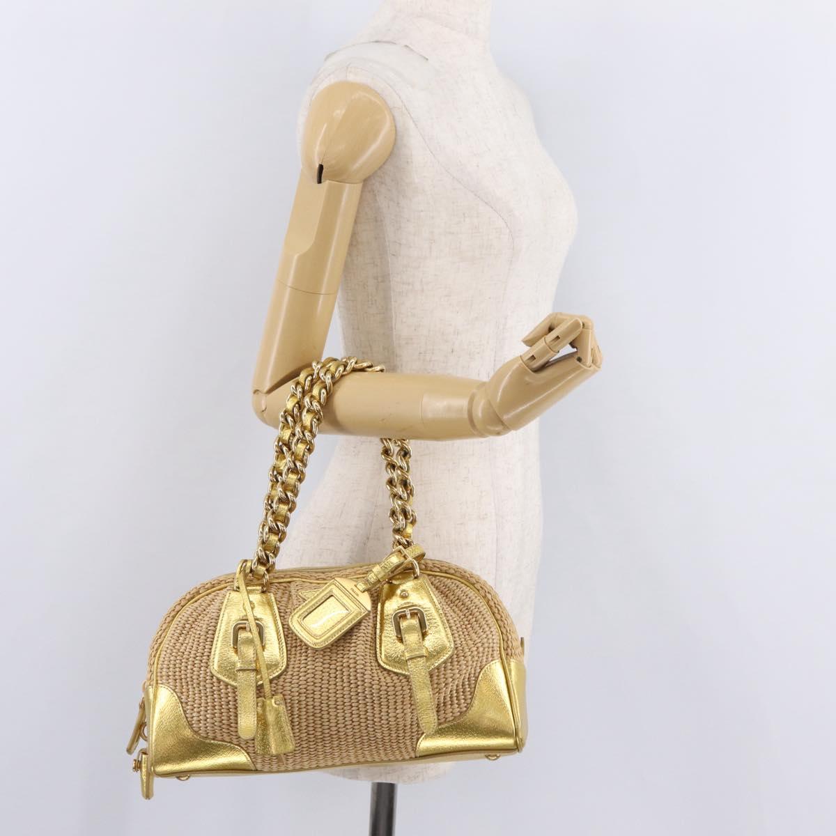 PRADA Chain Hand Bag Raffia Beige Gold Tone BL0352 Auth am12833M