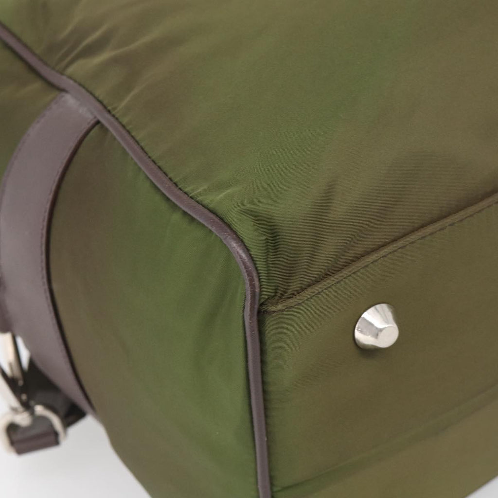 PRADA Boston Bag Nylon Khaki Silver Auth am12844A
