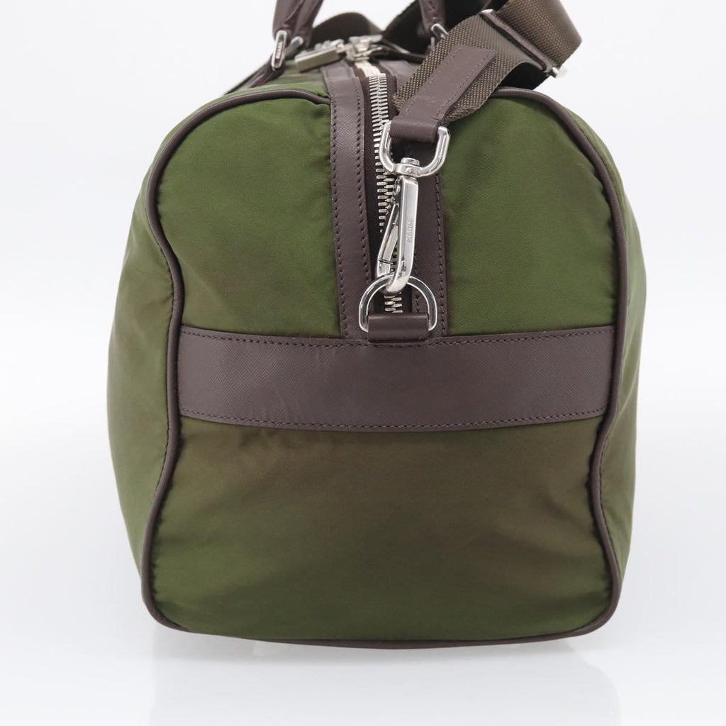 PRADA Boston Bag Nylon Khaki Silver Auth am12844A
