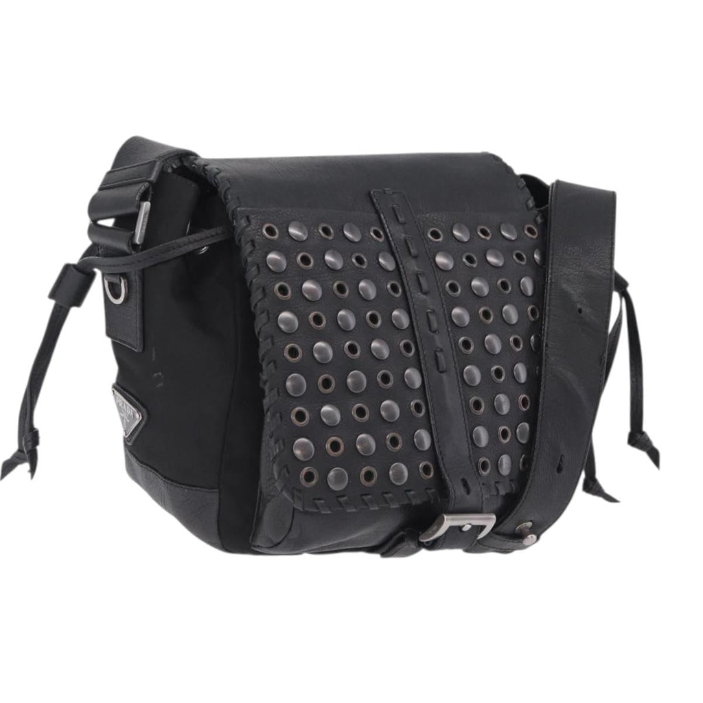 PRADA Studs Shoulder Bag Nylon Black Silver Auth am12849A