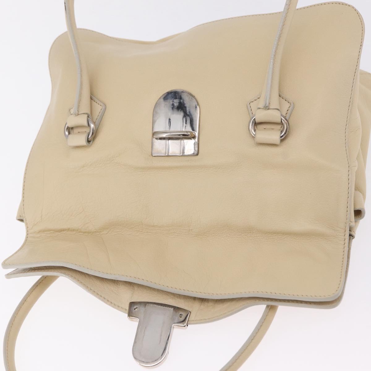 PRADA Tote Bag Leather Ivory Silver Auth ar14347