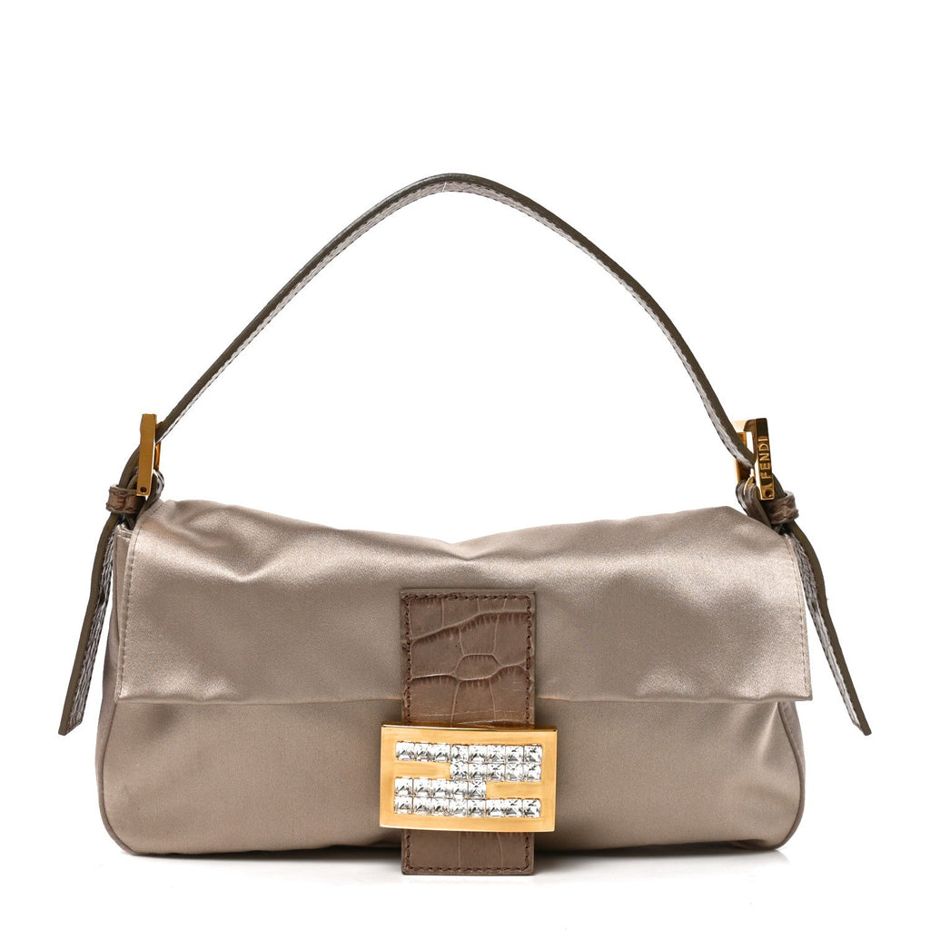 Satin Calfskin Crystal Crocodile Embossed Baguette Grey
