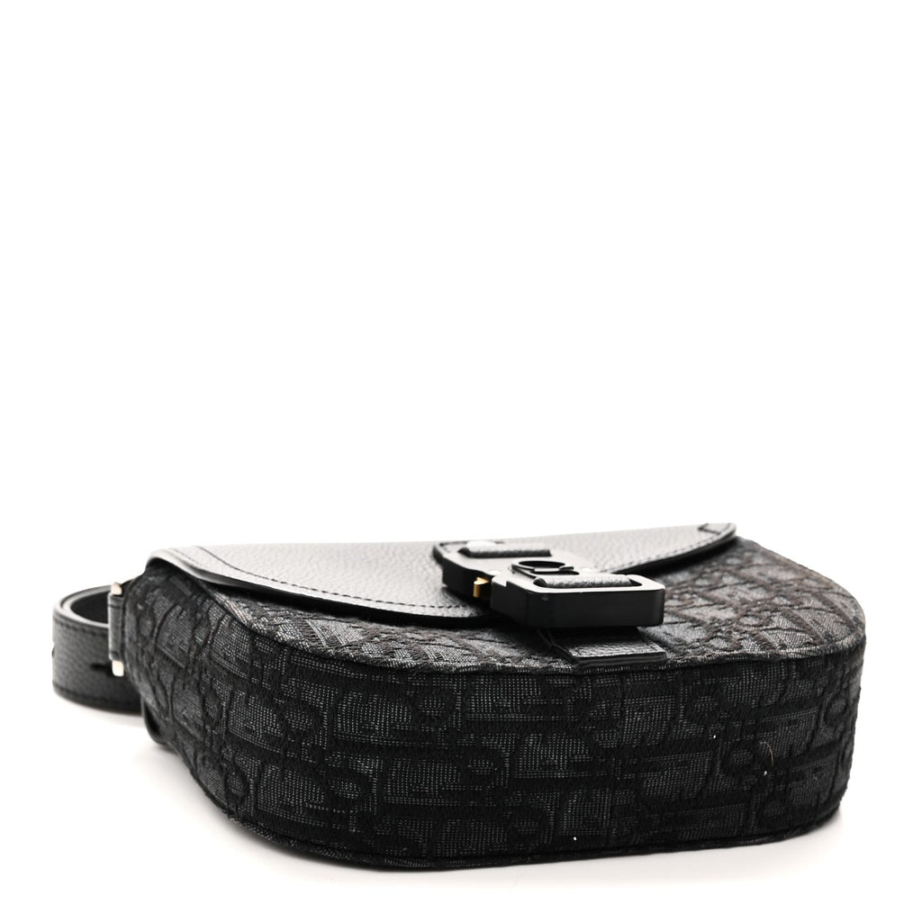 Oblique Jacquard Grained Calfskin Mini Saddle Messenger Bag With Flap Black