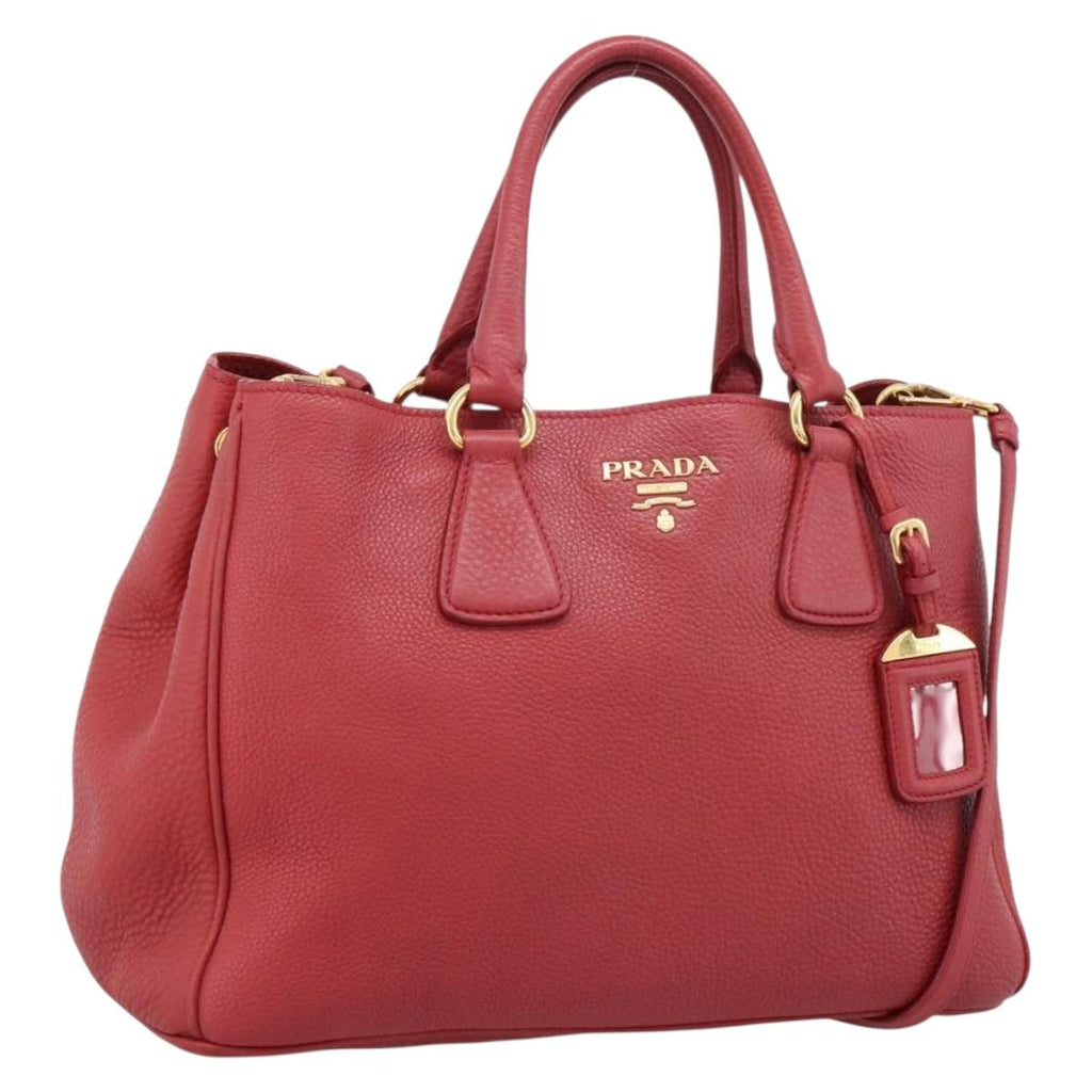 PRADA Hand Bag Vittero Dino Leather 2way Red Gold Auth BA15080V