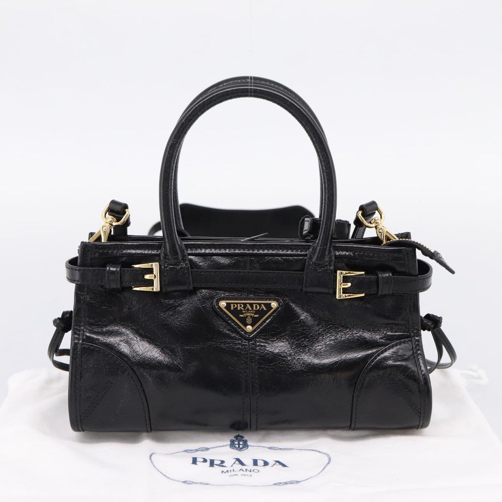 PRADA Bonnie Hand Bag Leather 2way Black Gold Auth BA15756SAM
