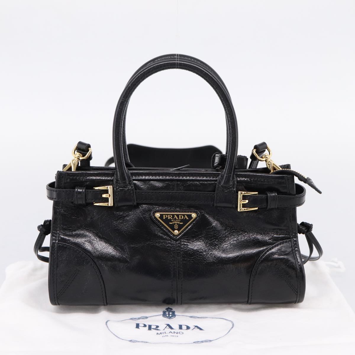 PRADA Bonnie Hand Bag Leather 2way Black Gold Auth BA15756SAM